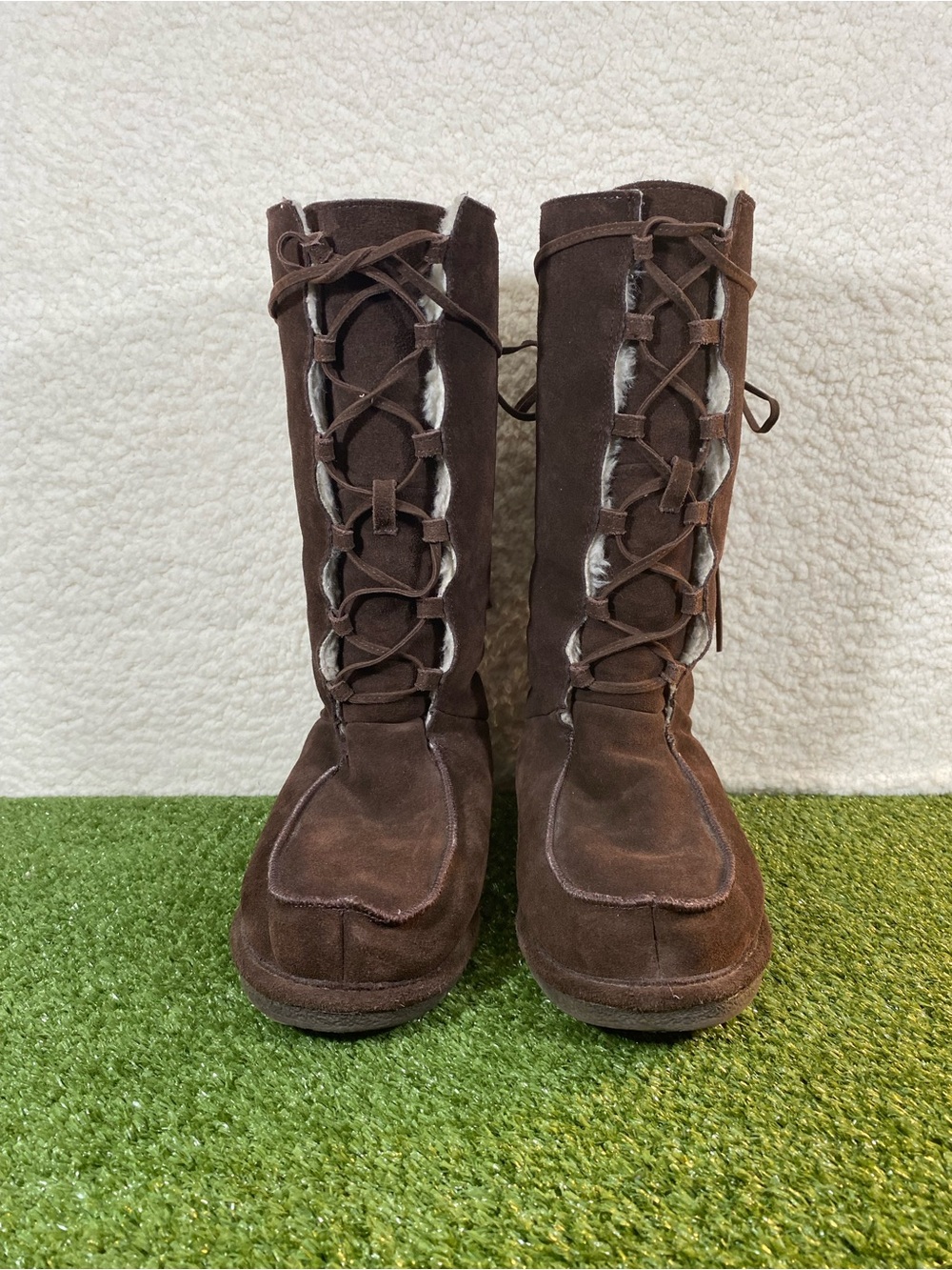 Bearpaw 450w Diva Tall Winter Boots Women Size 10 Brown Suede Shearling Lace Up